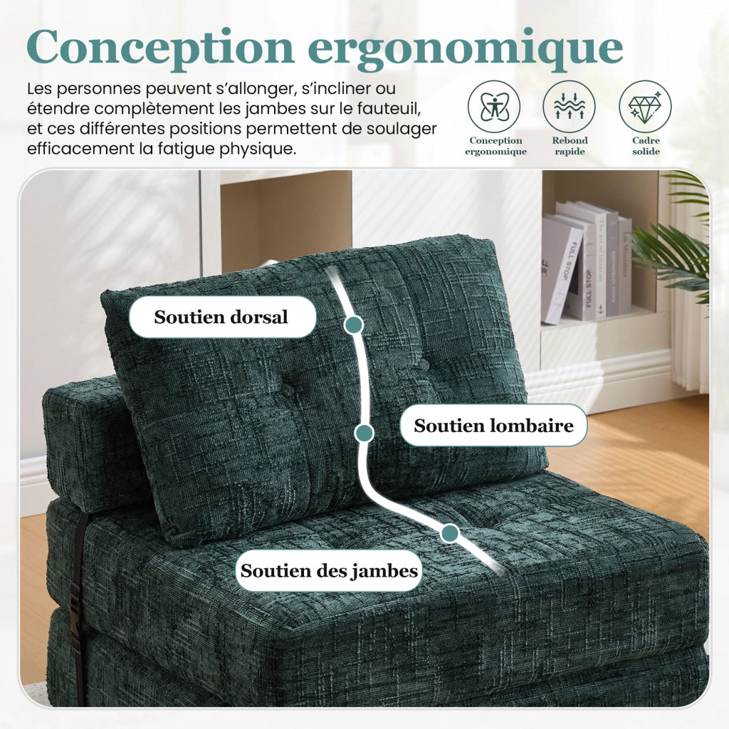 OKWISH Divano Letto Pieghevole con Schienale e Cuscini per Testa e Zona Lombare, Salvaspazio, Ciniglia Verde Smeraldo