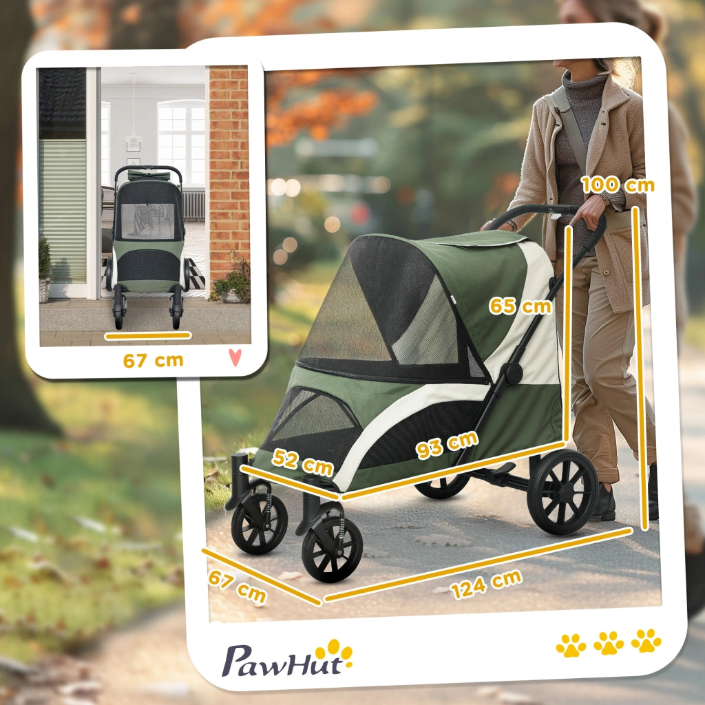 Carrello pieghevole con chiusura a un clic e ruote rimovibili per cani e gatti fino a 30 kg, poliestere, verde scuro