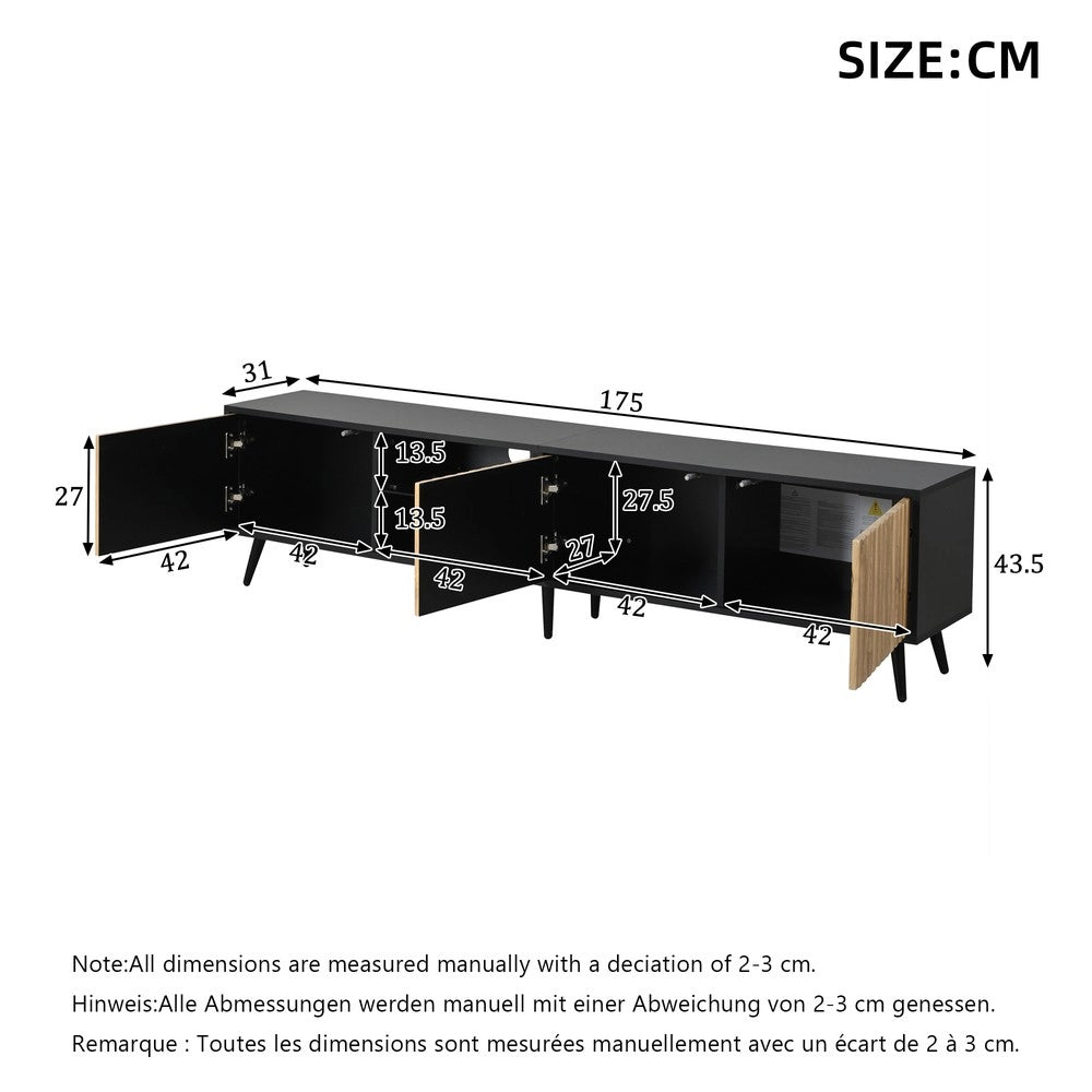 Mobile TV LED Lowboard ¨C Xylo ¨C Legno Naturale e Nero, 175x31x43 cm, Vetro Temperato, per 75 Pollici