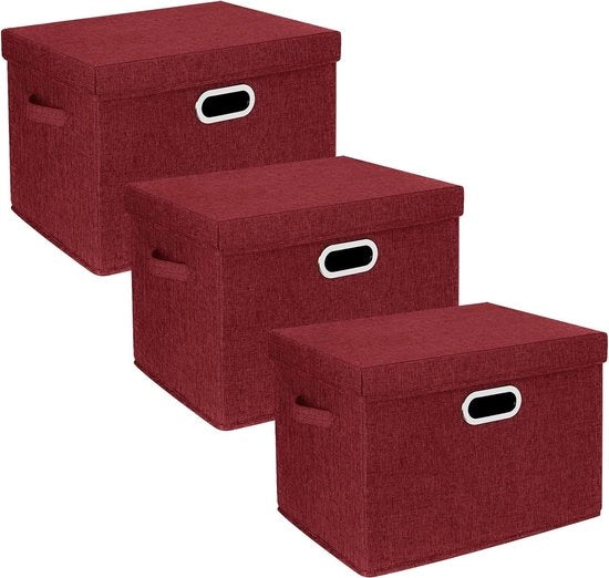 Scatole di archiviazione con coperchio, grandi, scatole di archiviazione con coperchio per armadio, stanza dei bambini, scatole di archiviazione per l'organizzazione di casa e ufficio, 3 pezzi, vino rosso