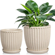 Set di 2 vasi ceramici per piante 13 cm 15 cm beige con fori di drenaggio e piatti decorativi vasi a strisce per piante contenitori moderni per succulente cactus