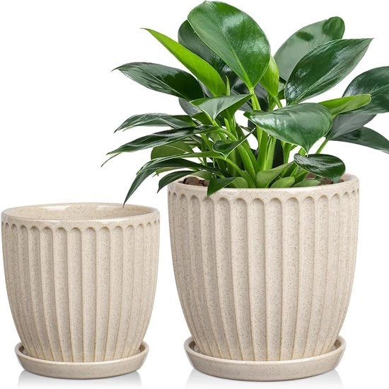 Set di 2 vasi ceramici per piante 13 cm 15 cm beige con fori di drenaggio e piatti decorativi vasi a strisce per piante contenitori moderni per succulente cactus