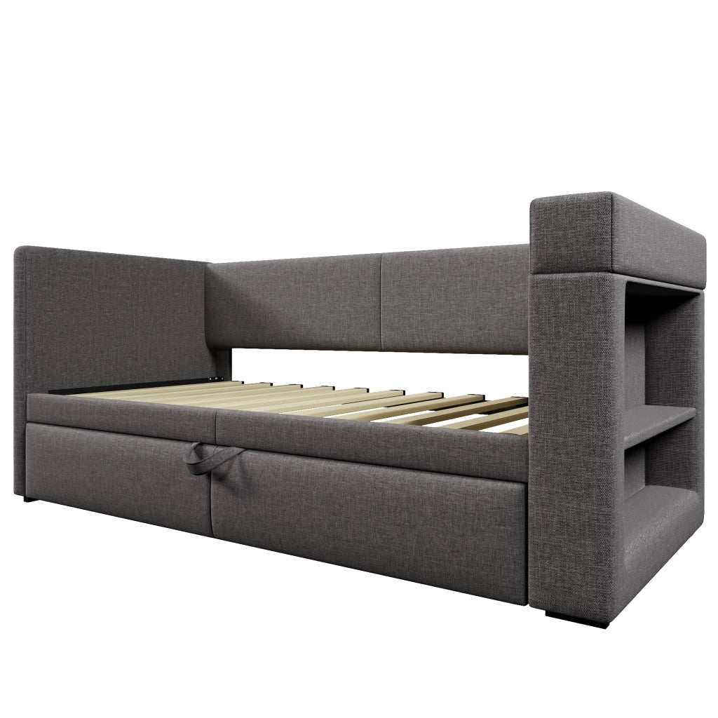 Letto daybed 90x200 cm con letto estraibile, USB e Type-C, portabicchieri, grigio, senza materasso