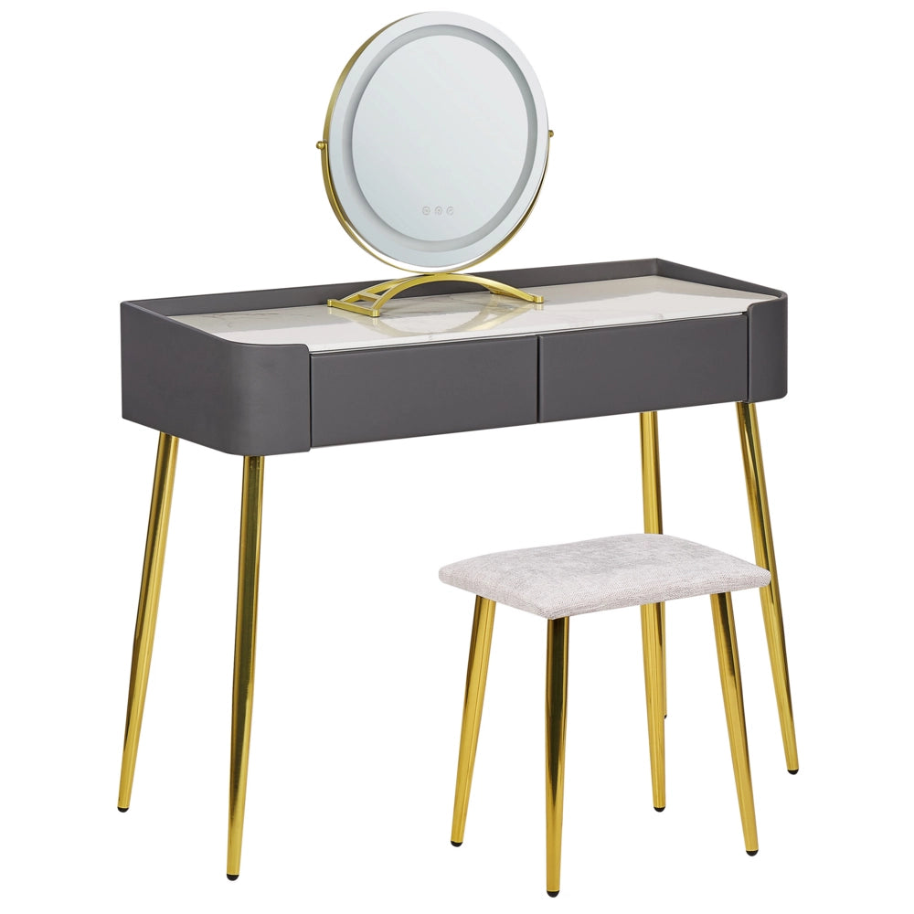 Toeletta con 2 cassetti specchio LED grigio e oro con sgabello camera da letto elegante