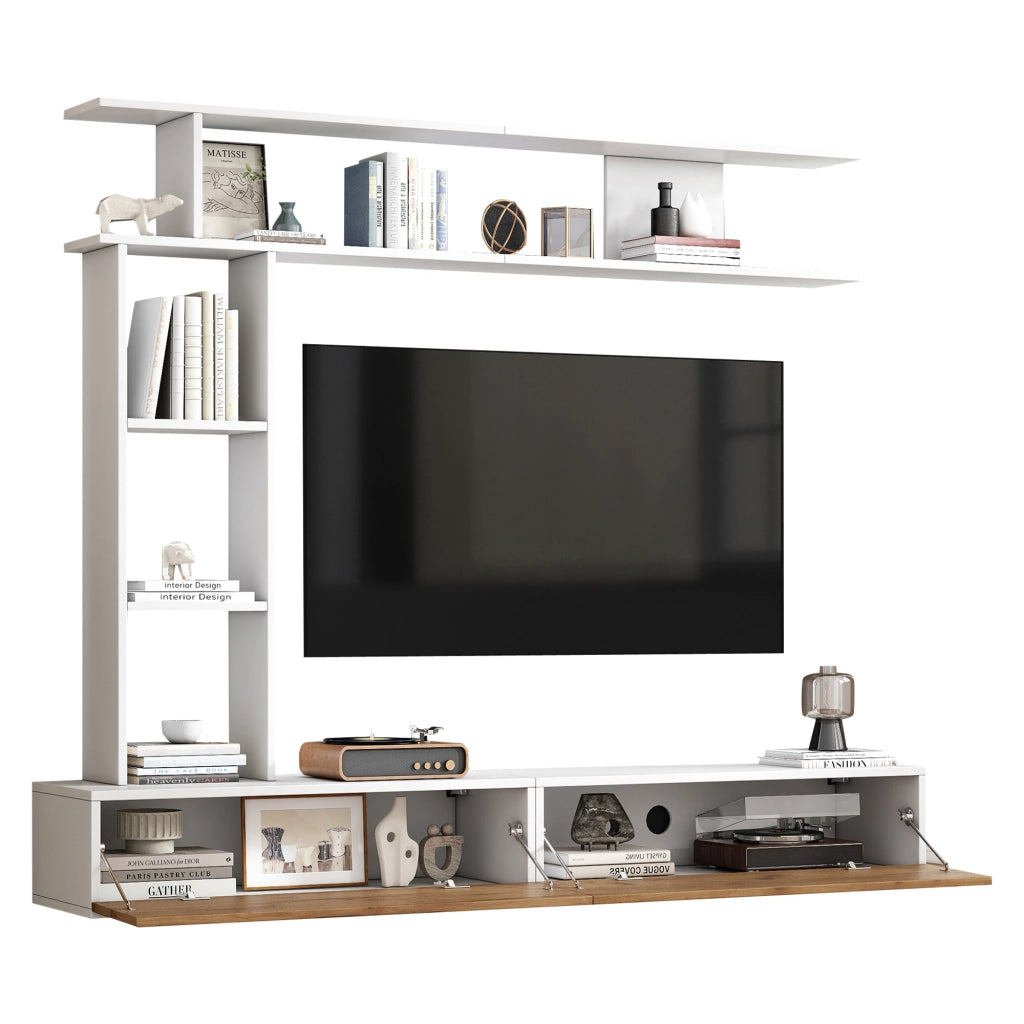Mobile porta TV con 2 ante e vani aperti, per soggiorno, in truciolare, bianco e effetto legno, 180 × 35 × 22,5 cm