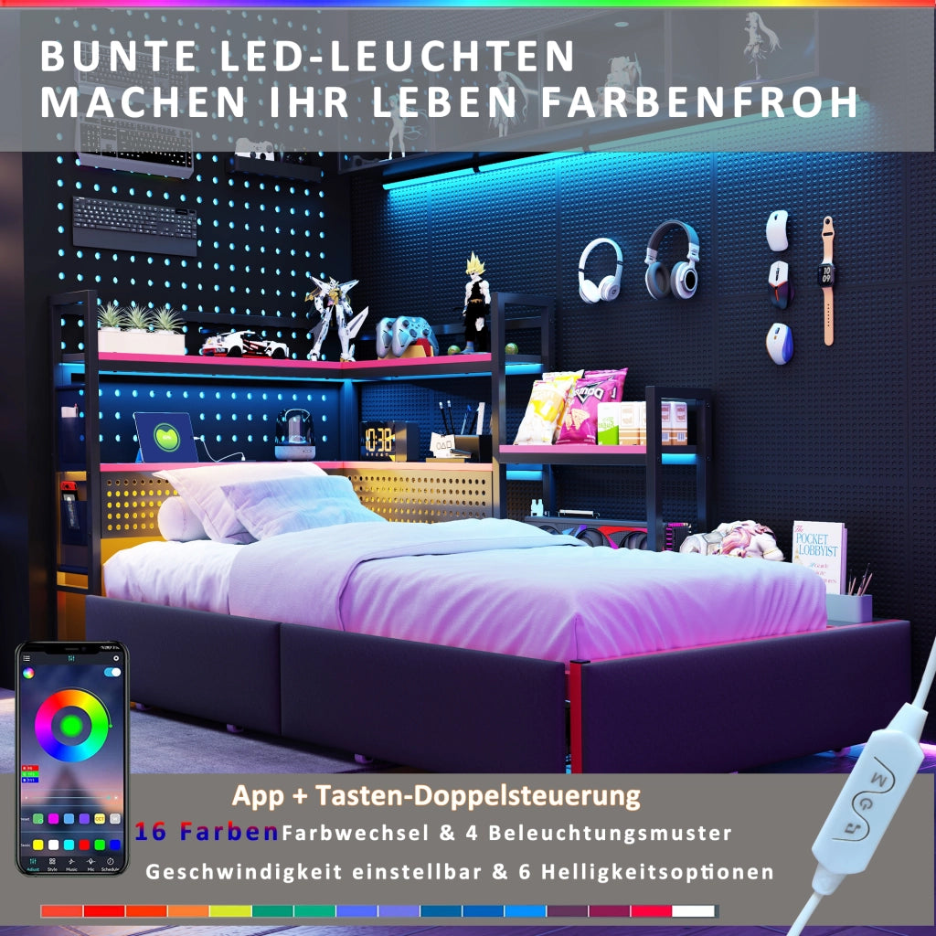 Telaio letto da gaming in metallo con 3 cassetti LED USB scaffali letto a piattaforma robusto con spazio per adolescenti e adulti