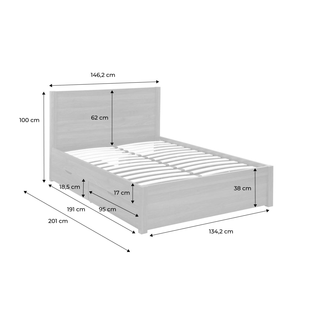 Letto con rete a doghe e testiera 140x190cm + 4 cassetti, marrone