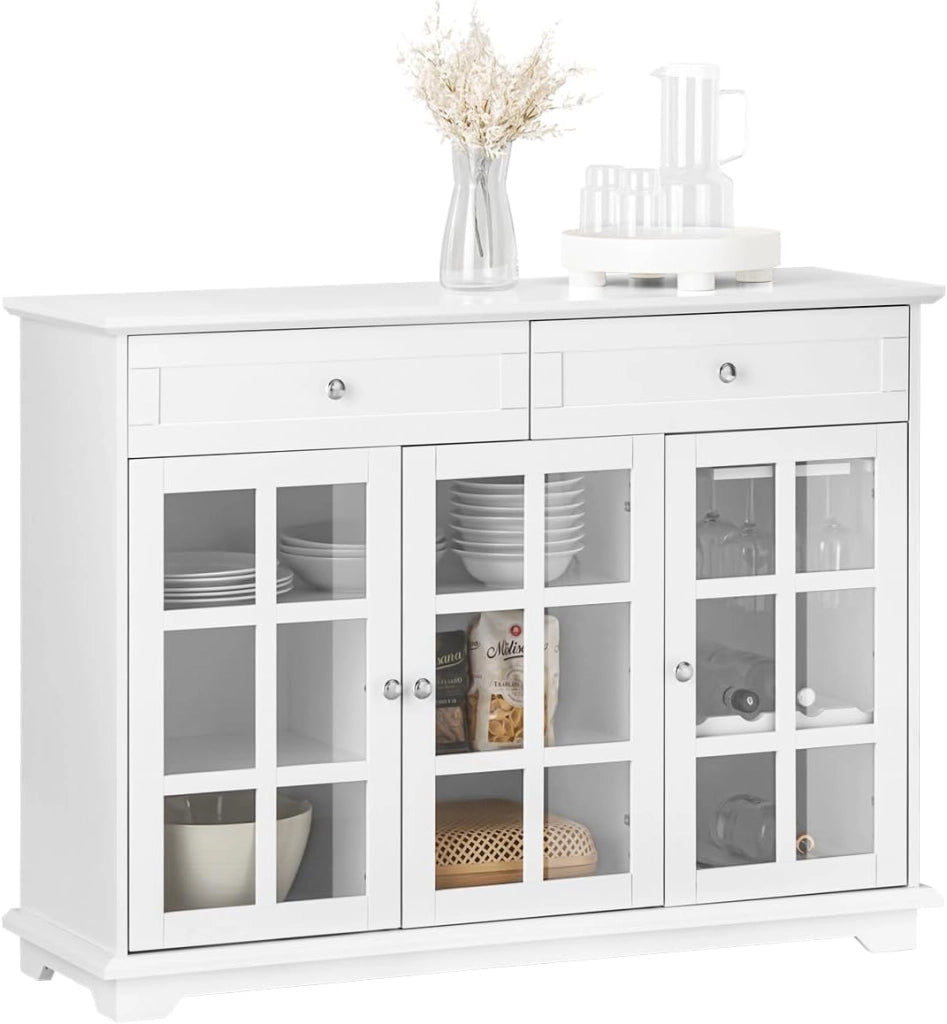 Credenza Alta per Cucina Mobile Buffet in Legno con 6 scomparti e 2 cassetti Armadio Dispensa in Stile moderno Bianco 75x40x175cm FSB76-W