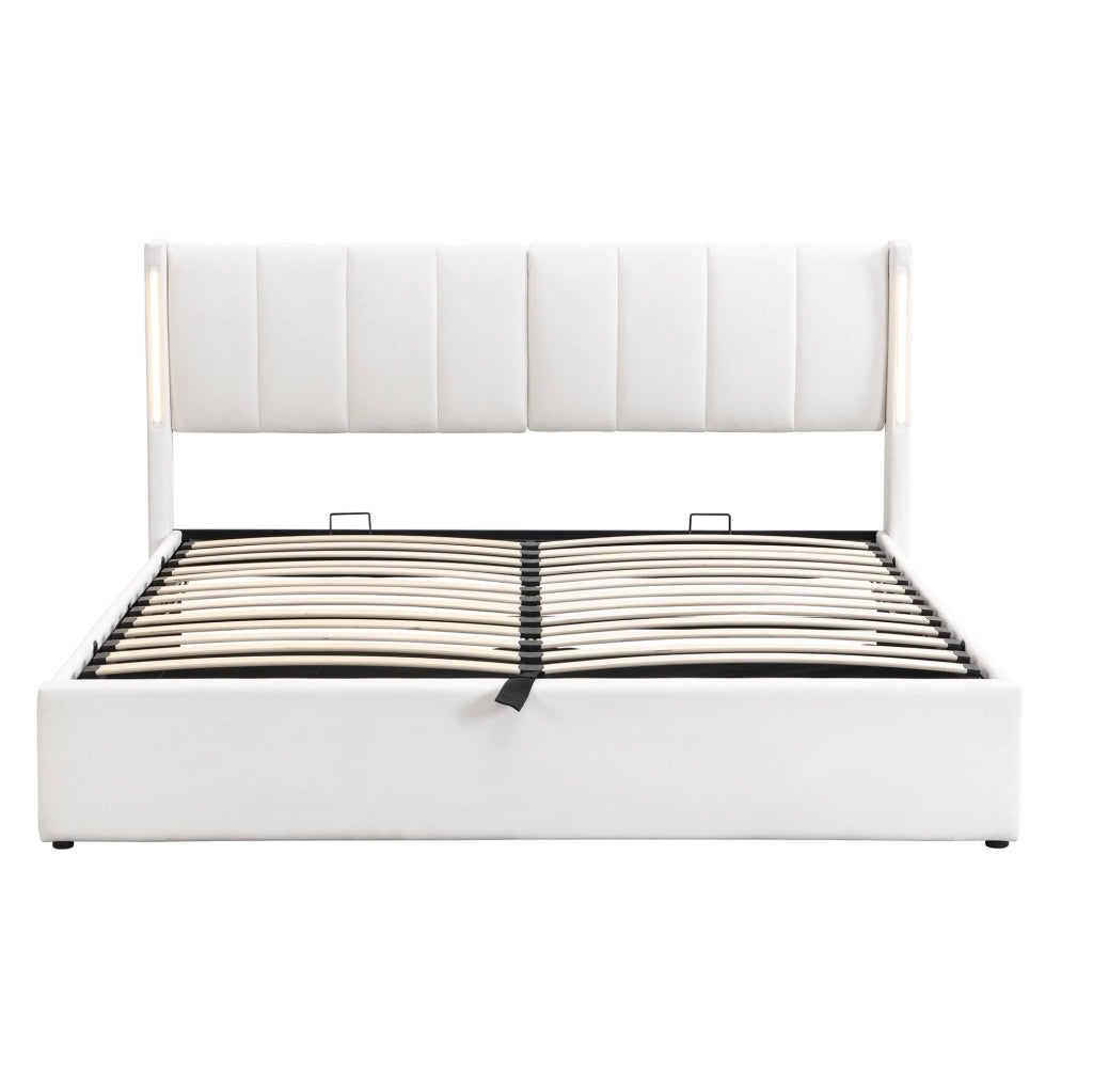 Letto matrimoniale 160x200 cm imbottito con LED; USB ricaricabile; contenitore e testiera regolabile; bianco