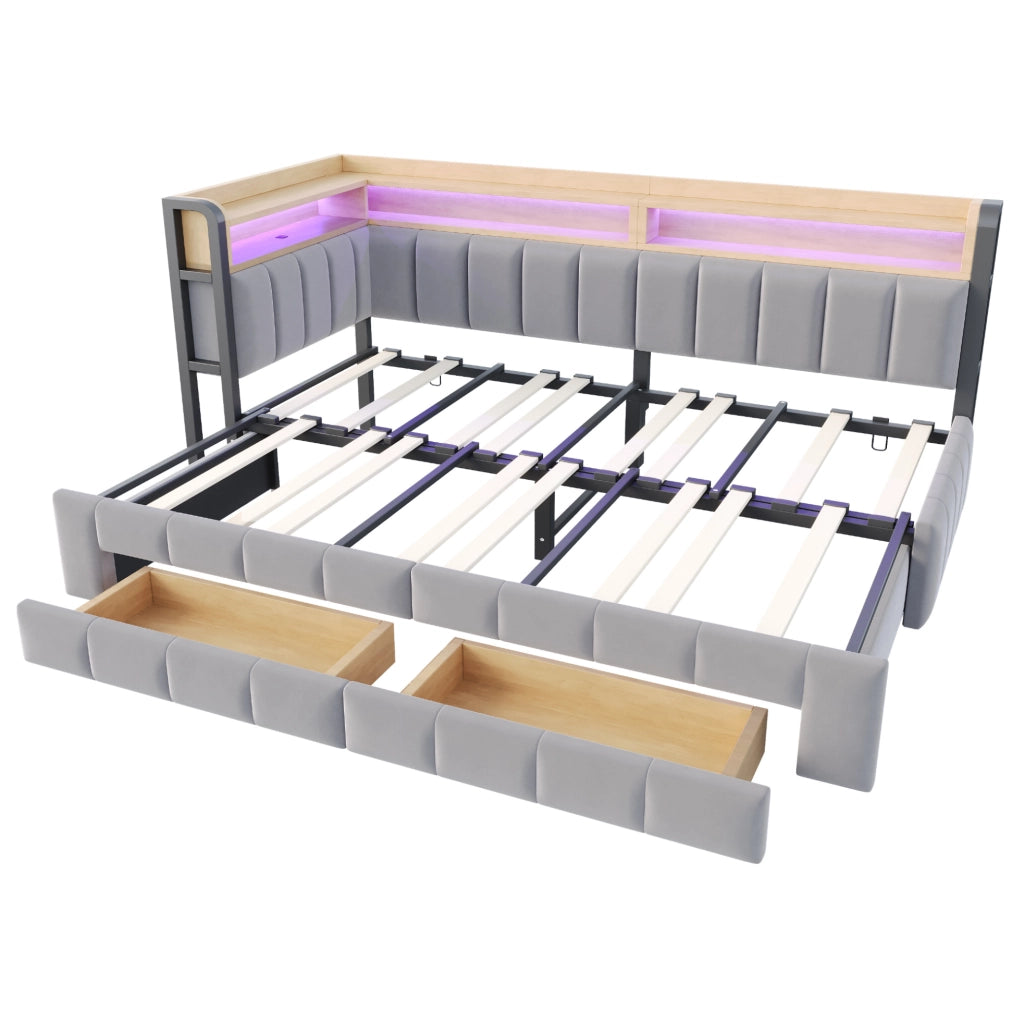 Divano letto imbottito estraibile 90/180 x 200 cm con LED; USB e Type-C; velluto grigio chiaro