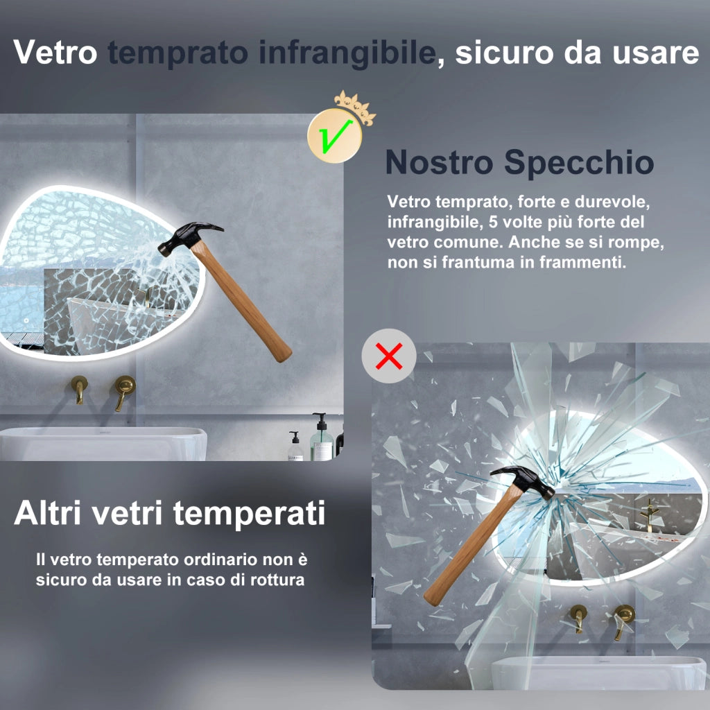 Specchio da bagno Asimmetrico con 80x650cm,3 colori,Memoria, Antifog,Regorabile,Retroilluminato,doppio interruttore,