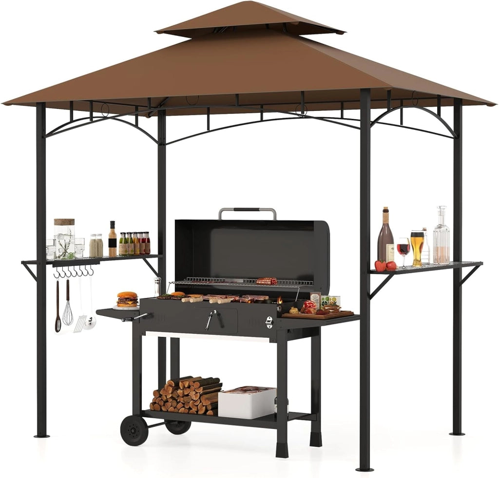 Gazebo per Barbecue 240 x 151 cm, Pergola per BBQ con con 2 Ripiani, 7 Ganci, Struttura in Metallo e Tetto Morbido, Tenda per Picnic e Barbecue per Giardino, Piscina e Terrazza (Grigio)