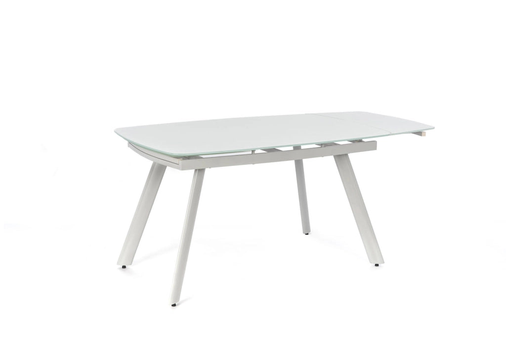 Tavolo allungabile Phil moderno con top in vetro temperato extra white e struttura in metallo grigio chiaro, 140/175/210 cm - Phil