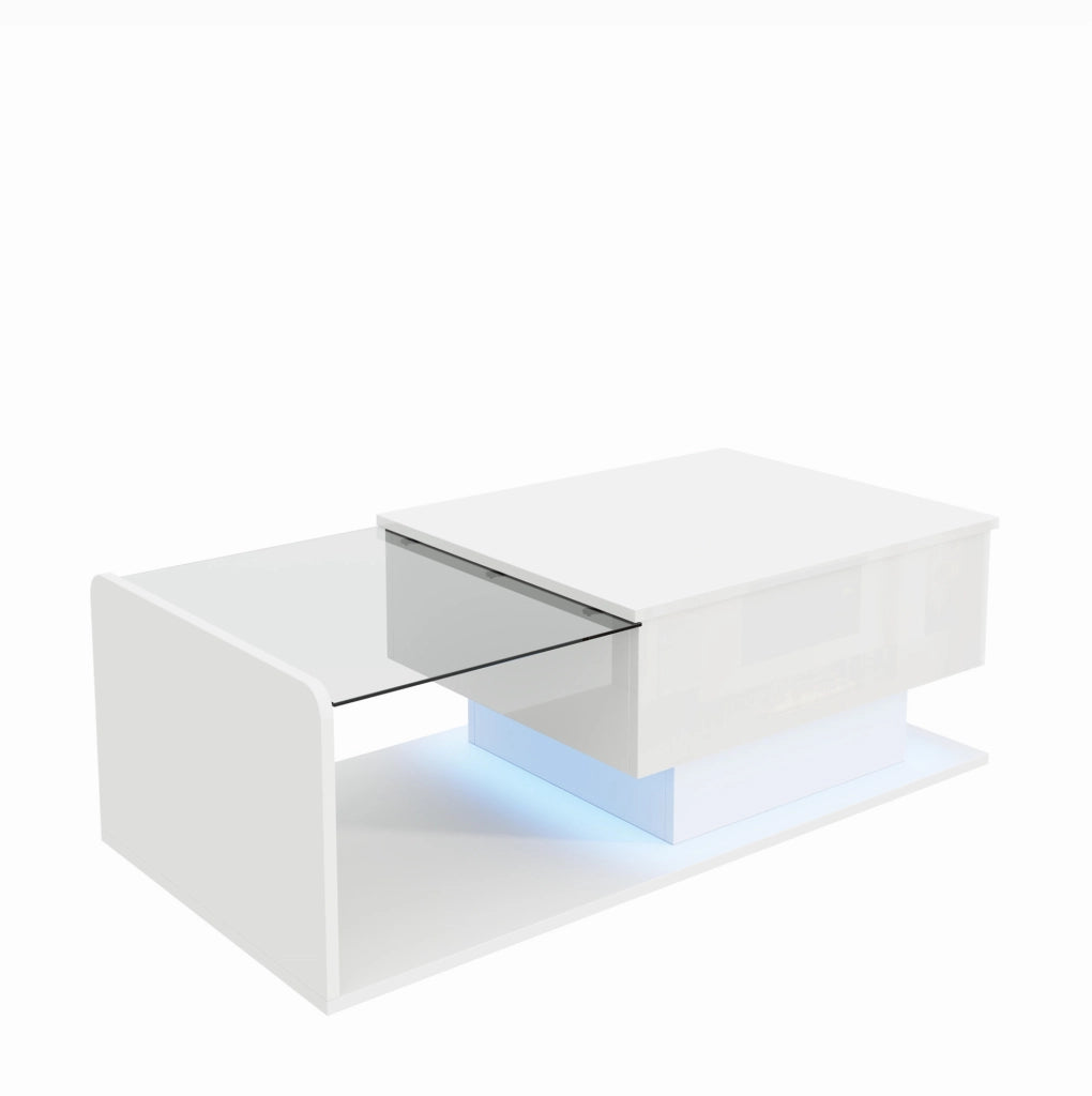 Tavolino da caffè elevabile 100x50x33/47;5 cm bianco lucido con LED e vetro temperato