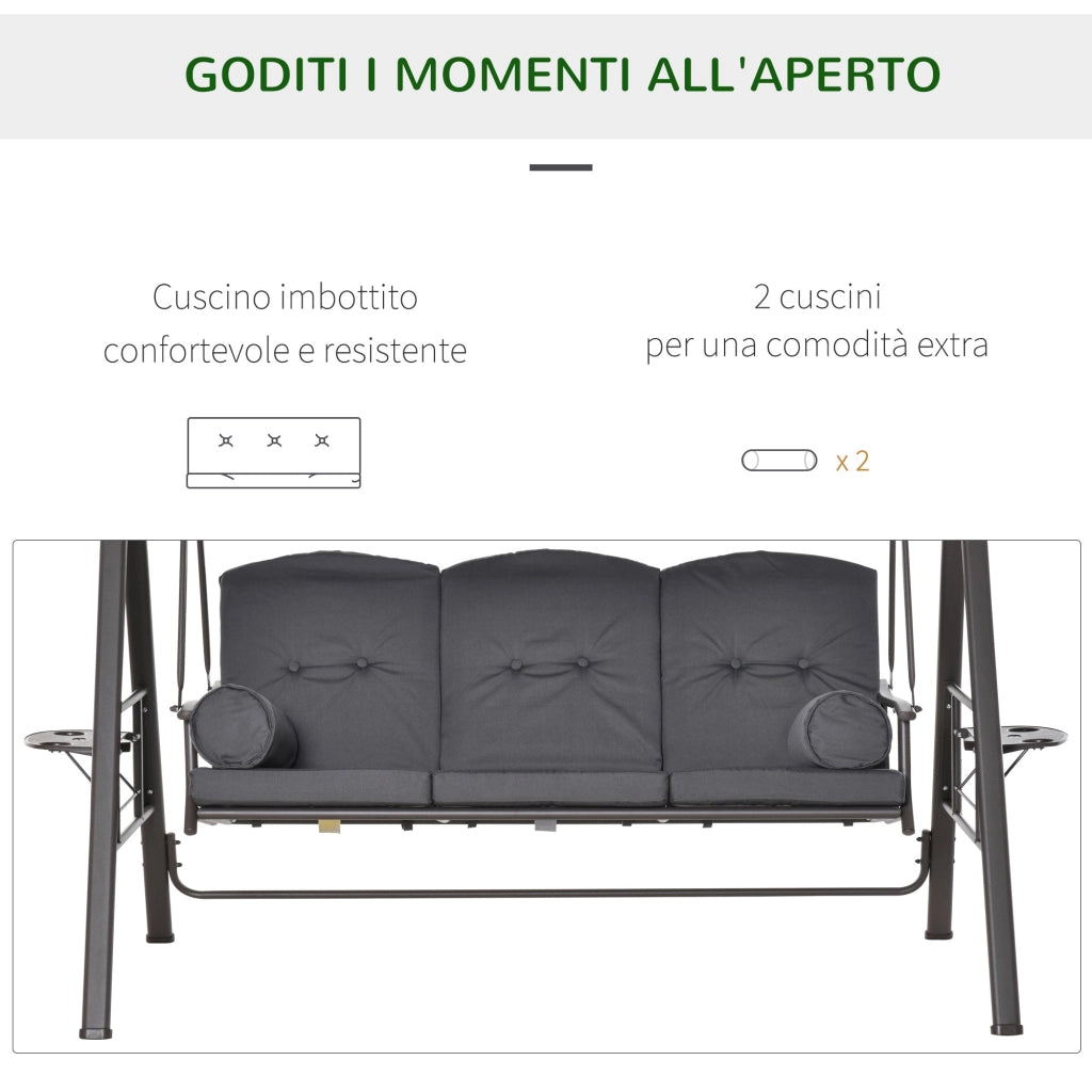 Dondolo da Giardino 3 Posti 208x120x172 cm Tetto Regolabile Portabicchieri e Cuscini Grigio