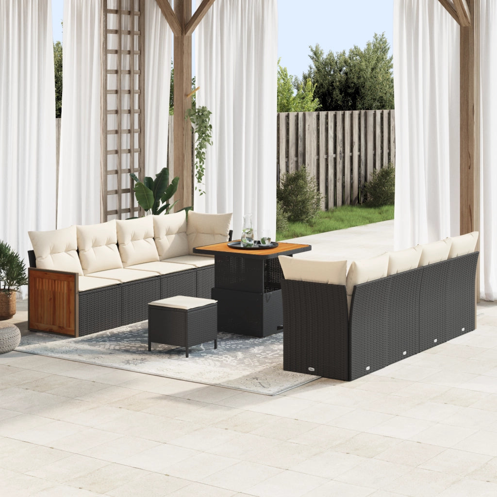 Set di divani da giardino 11 pezzi con cuscini polirattan nero acacia