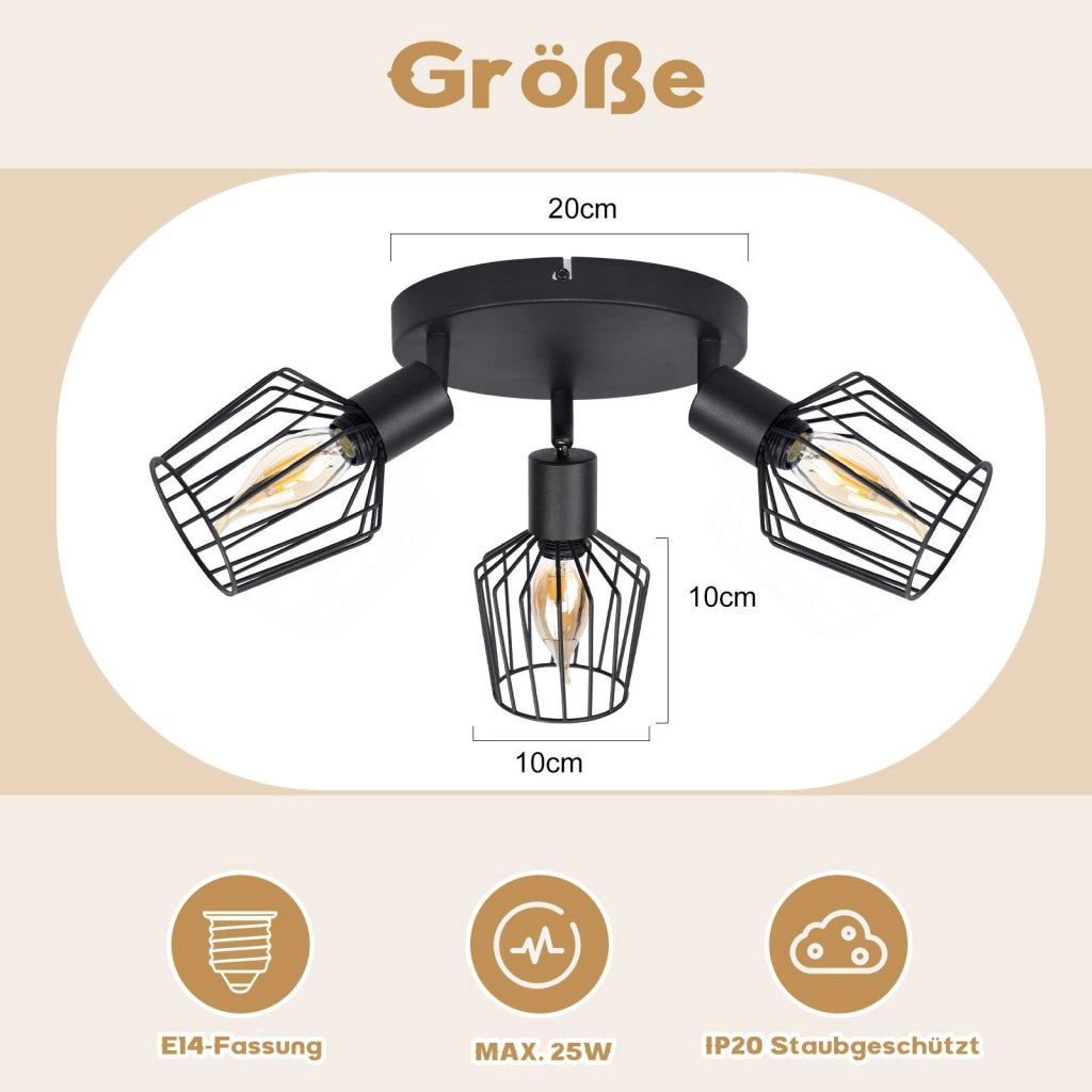 ZMH Lampada da soffitto 3 faretti E14 metallo nero rotonda orientabili 350° stile industriale per corridoio soggiorno