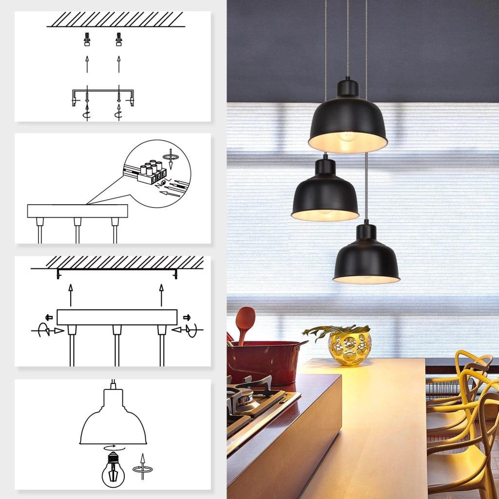 Lampada a sospensione ZMH nero 3 Luci retr¨° in metallo stile industrialeattacco E27 per sala da pranzo