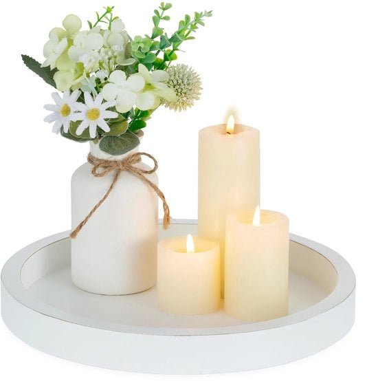 Dish Tray Round - Wooden Dish Tray - Anti-Slip Base - 28 cm - White Finish - Ideal for Candles and Plants - Decorative Pedestal