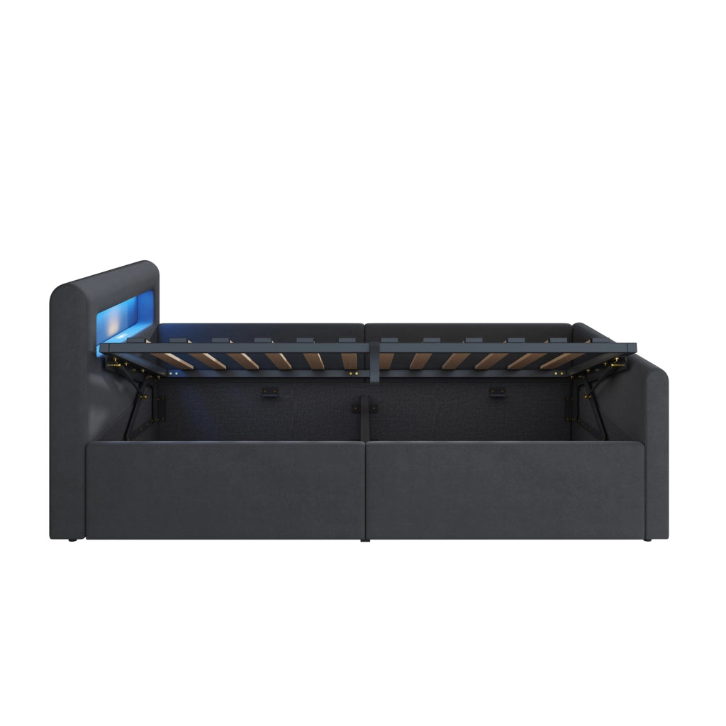 Letto bambino imbottito singolo 90×200 cm con LED; luce notturna; USB e contenitore; senza materasso; grigio scuro