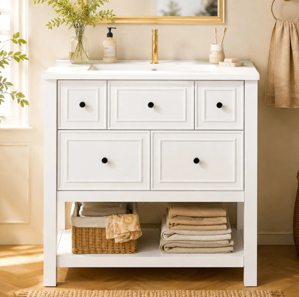 Mobile lavabo freestanding bianco con lavabo in ceramica e 5 cassetti
