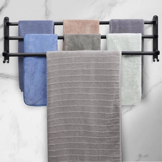 Handdoekhouder senza perforazione, fissaggio alla parete 3 strati, stanghe per asciugamani con ganci, asciugamani per bagno impermeabili e in alluminio inox per bagno/cucina (80 cm, nero)