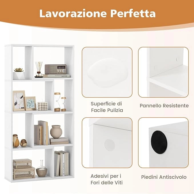 Libreria Geometrica a 4 Ripiani, Organizzatore Moderno con 8 Cubi, Mensola Espositiva a Pavimento, Mobile di Stoccaggio in Legno per Soggiorno Camera da Letto Studio, 60x20x120 cm (Bianco)
