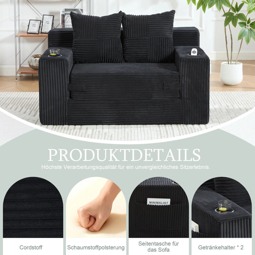 Pouf divano in velluto a coste nero 151x133x64 cm con tasche laterali e 2 cuscini