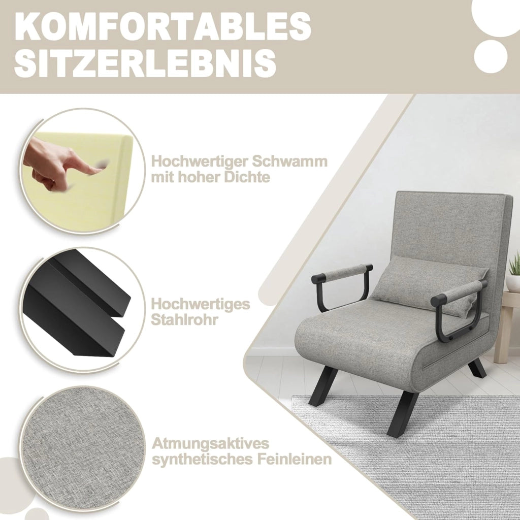 Divano letto 3 in 1 con funzione letto, divano letto con schienale regolabile e cuscino fino a 200 kg, portata 65 x 61 x 78 cm, 1 posto, grigio