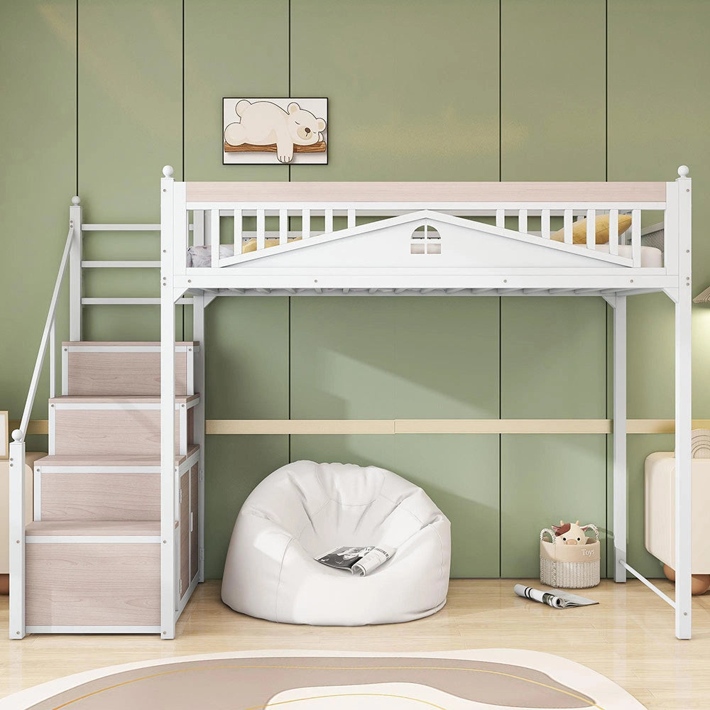 Letto a soppalco per bambini - Xylo - 90x200 cm - Bianco - Scala intercambiabile sinistra/destra con casiers di sicurezza