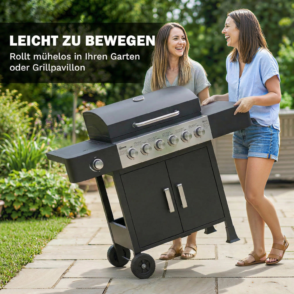 Barbecue a Gas 6+1 Bruciatori 17,8 KW ¨C Xylo ¨C Acciaio Inox con Ruote Termometro Griglia Smaltata