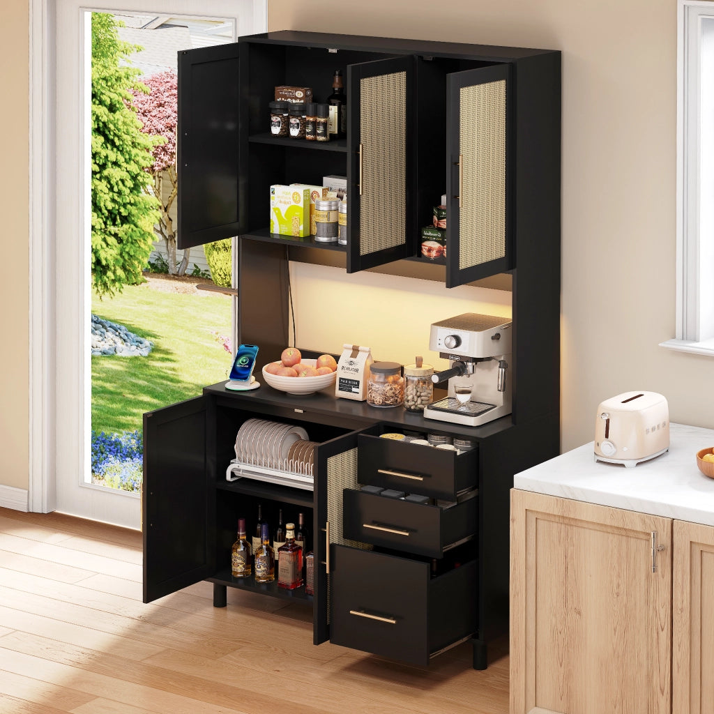 Credenza da Cucina con 3 Cassetti 3 Ante LED; Prese e USB; Ripiani Regolabili; in MDF; Nera