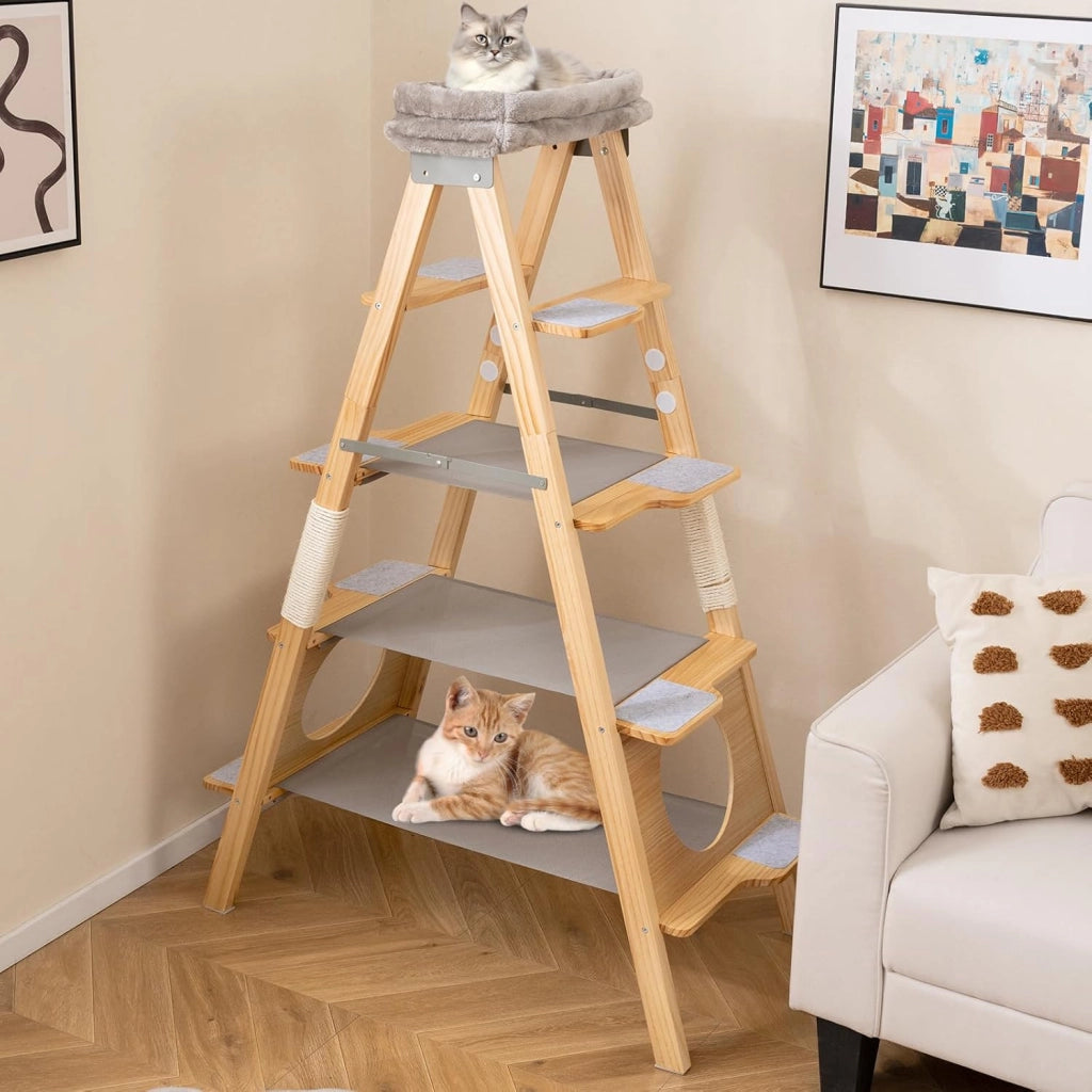 Albero per Gatti Alto 151cm, Tiragraffi per Gatti in Legno con Design a Scala, Cuscino Imbottito e Torretta Superiore, Palo Graffiatrice in Sisal, Mobile Salvaspazio per Gattini