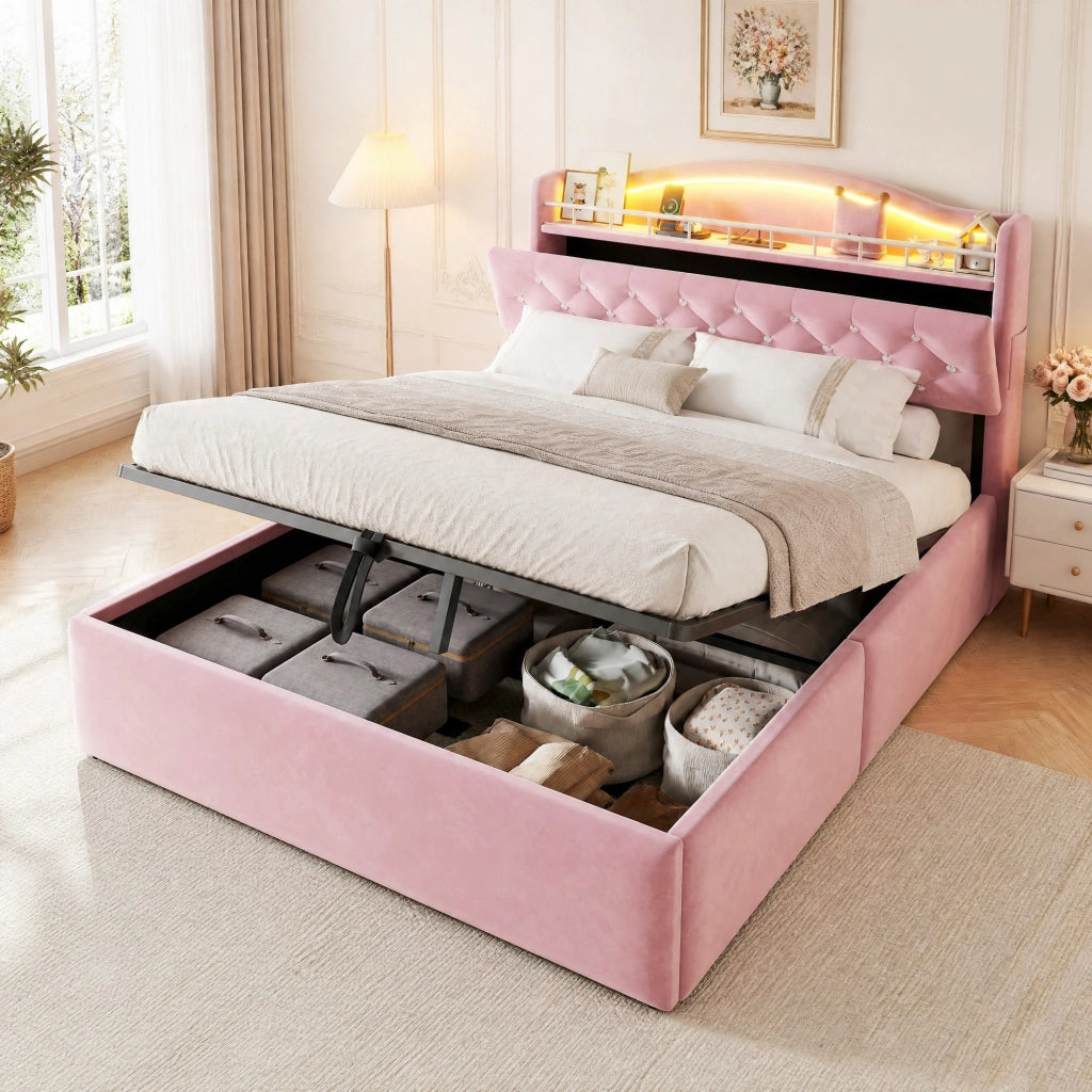 Letto Contenitore 140x200 cm Matrimoniale; con USB; USB-C; LED e vani in Rosa