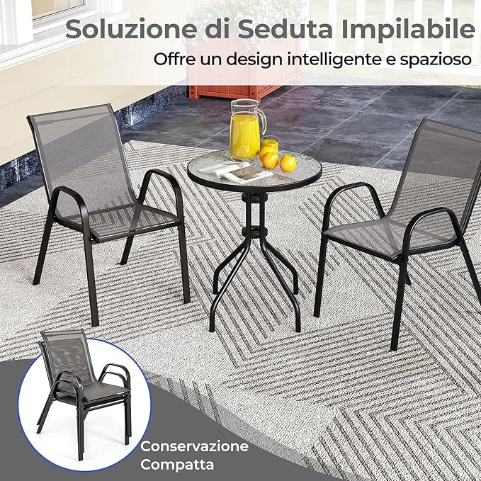 Set Mobili da Giardino 3 Pezzi, con Tavolo Rotondo in Vetro Temperato e 2 Sedie in Textilene Traspirante, per Esterno Balcone Giardino (Grigio)