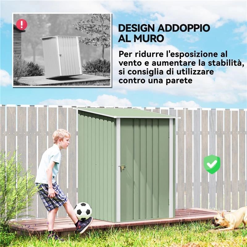 CASETTA DA GIARDINO PORTA ATTREZZI IN ACCIAIO GALVANIZZATO CON PORTA, 100X104X160 CM, VERDE CHIARO