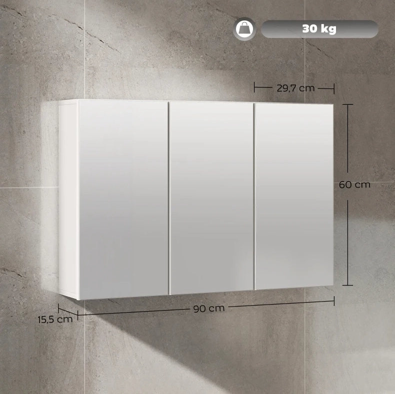 Mobile bagno sospeso 90x15,5x60 cm con 3 ante a specchio e 5 ripiani bianco