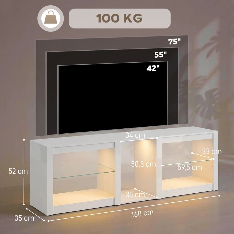 Mobile porta TV con LED RGB e ripiani in vetro regolabili, per televisori fino a 75 pollici, bianco, 160 × 35 × 52 cm