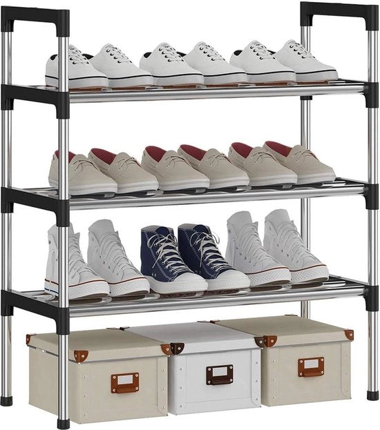 Sedia per Scarpe in Acciaio Inox - 16mm - 3 Livelli - Pianale Alto - Capacità 6-9 Pair - Adatto per Cucina e Salotto - Dimensioni 56 x 30 x 65cm
