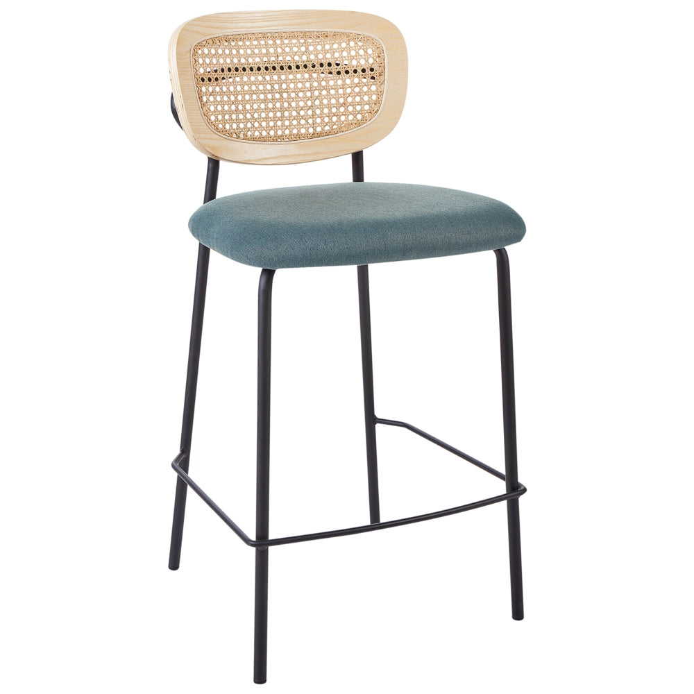Set di 2 sedie da bar Blu Rivestimento in poliestere nero Schienale in rattan naturale a treccia viennese Gambe in metallo nero Sgabelli senza braccioli