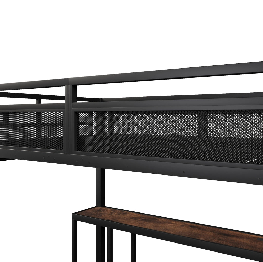 Letto a soppalco ULEVR 140x200 cm con scrivania, ripiani, barra appendiabiti, LED e USB, nero