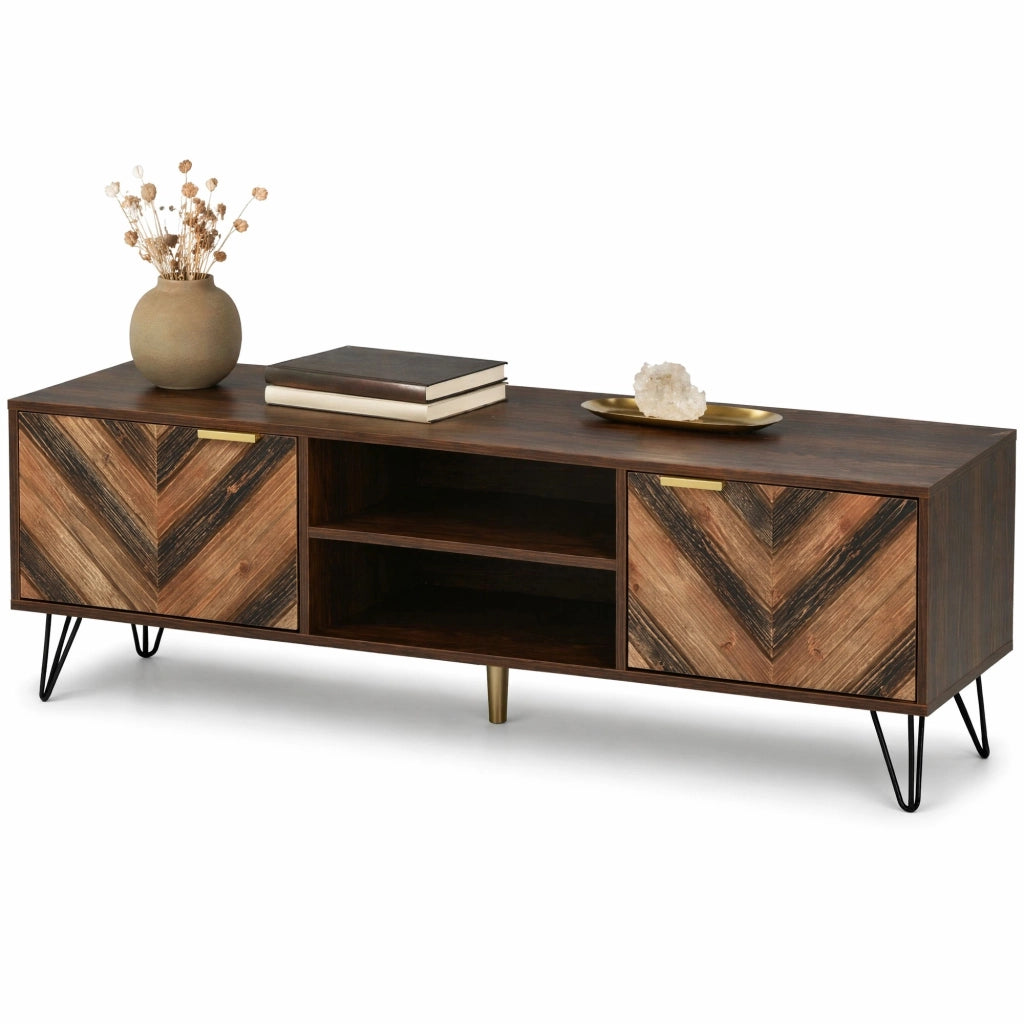 TV lowboard 155x38x48 cm con 2 ante, griglie oro e piedi in ferro, colore legno naturale