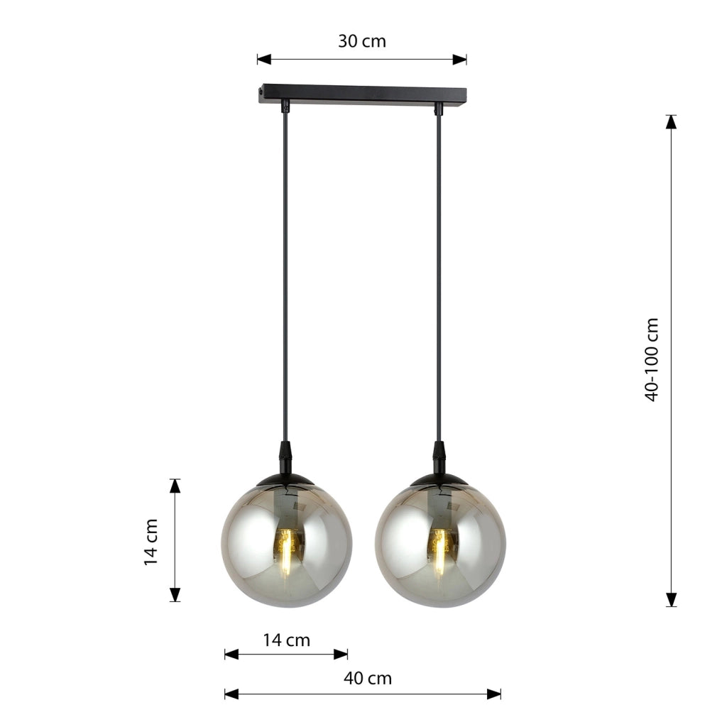 Sospensione Moderna 2 Luci Kali In Acciaio Nero E Sfere In Vetro Fumè