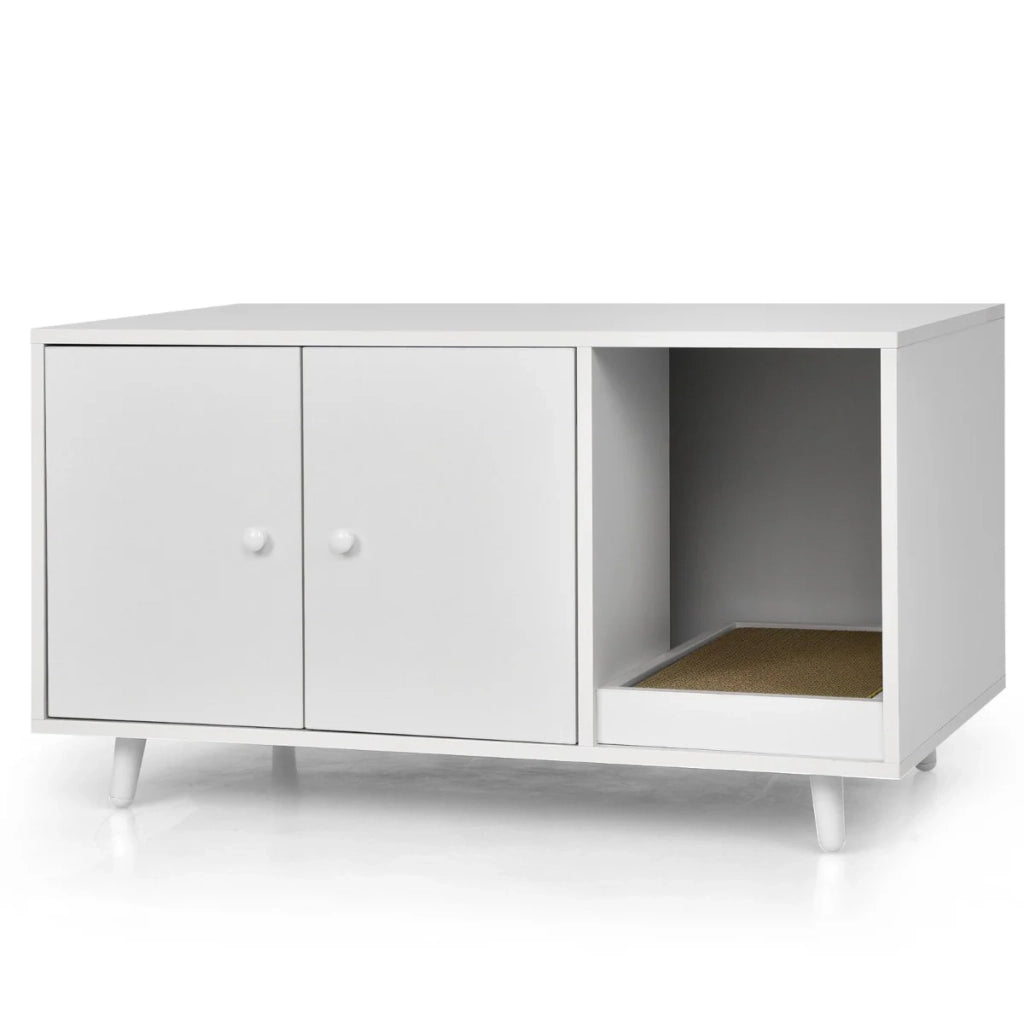 Lettiera multifunzionale per gatti 90 x 50 x 50 cm con tiragraffi stile moderno MDF bianco 20_0012646