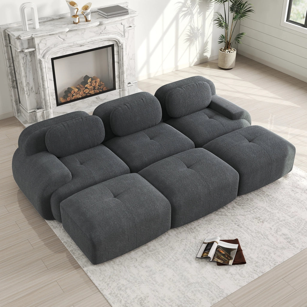Divano 3 Posti Modulare con 3 Poggiapiedi in Tessuto Velluto a Coste ¨C MINIMAL ¨C Grigio