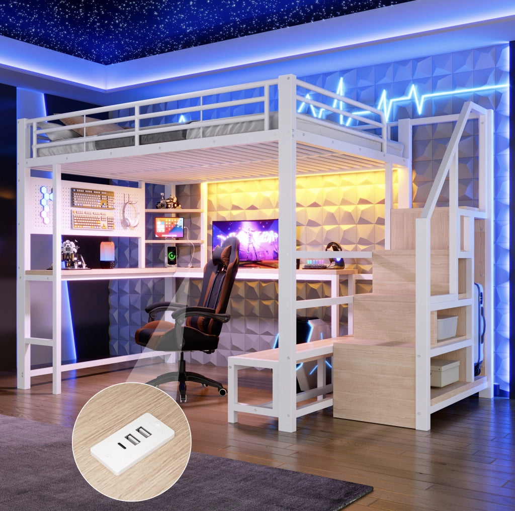Letto a soppalco 140x200 cm con scrivania, LED e USB-C
