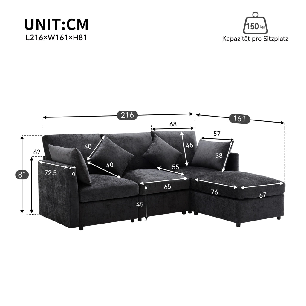 Divano Angolare Modulare con Pouf Mobile e 4 Cuscini; Convertibile in 3 Posti; in Ciniglia; Grigio; 216 × 161 × 81 cm