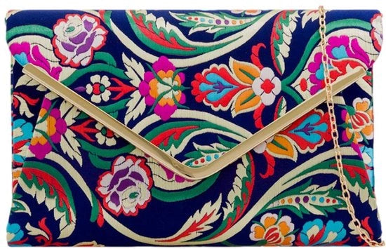 Borsa satin blu marino con stampa di fiori per donna, grandi fiori rosa viola giallo mostardo verde.
