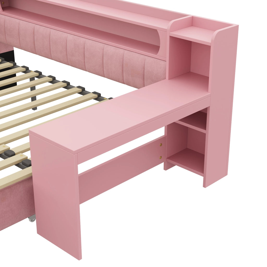 Letto singolo estraibile 90x200 cm con scrivania; LED e USB; rosa