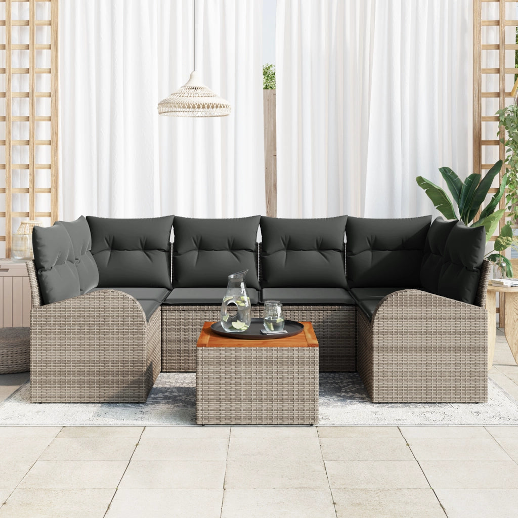 Set di Divani da Giardino 7 Pezzi con Cuscini Grigi in Rattan e Poliestere